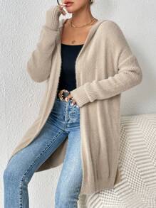 SHEIN Frenchy Dài áo có mũ Áo len Mở Với Thả vai - Màu be - Xem 4