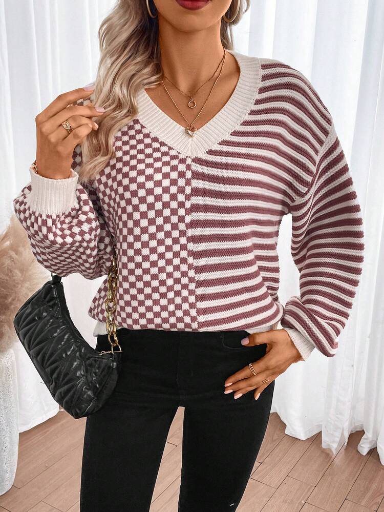 Checker & Striped Pattern Drop Shoulder Knit Pullover Fall Winter Sweater