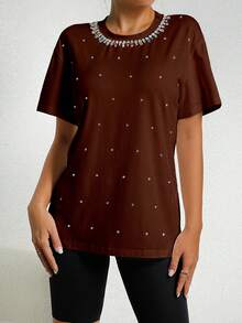 SHEIN Frenchy 水鑽細節落肩T恤 - 咖啡棕 - 查看 6