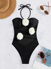 SHEIN Swim Appliques Cut Out Halter One Piece Swimsuit - Black - View 4