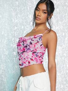 SHEIN BAE 滿版印花褶邊吊帶上衣 - 彩色 - 查看 3