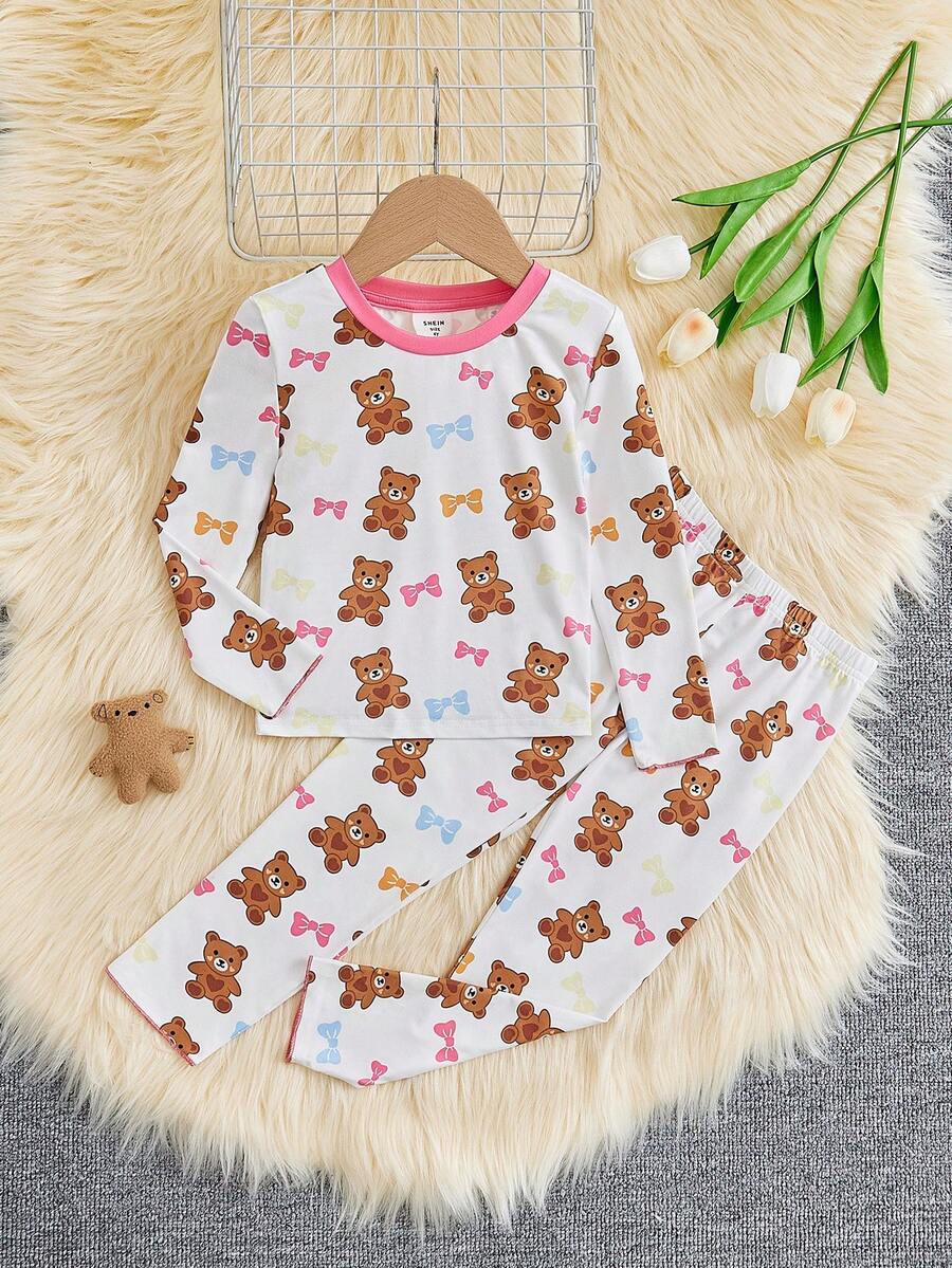SHEIN Cô Gái Trẻ Gấu & In nơ Tương phản ràng buộc Vừa Khít Bộ PJ - Nhiều màu - Xem 1