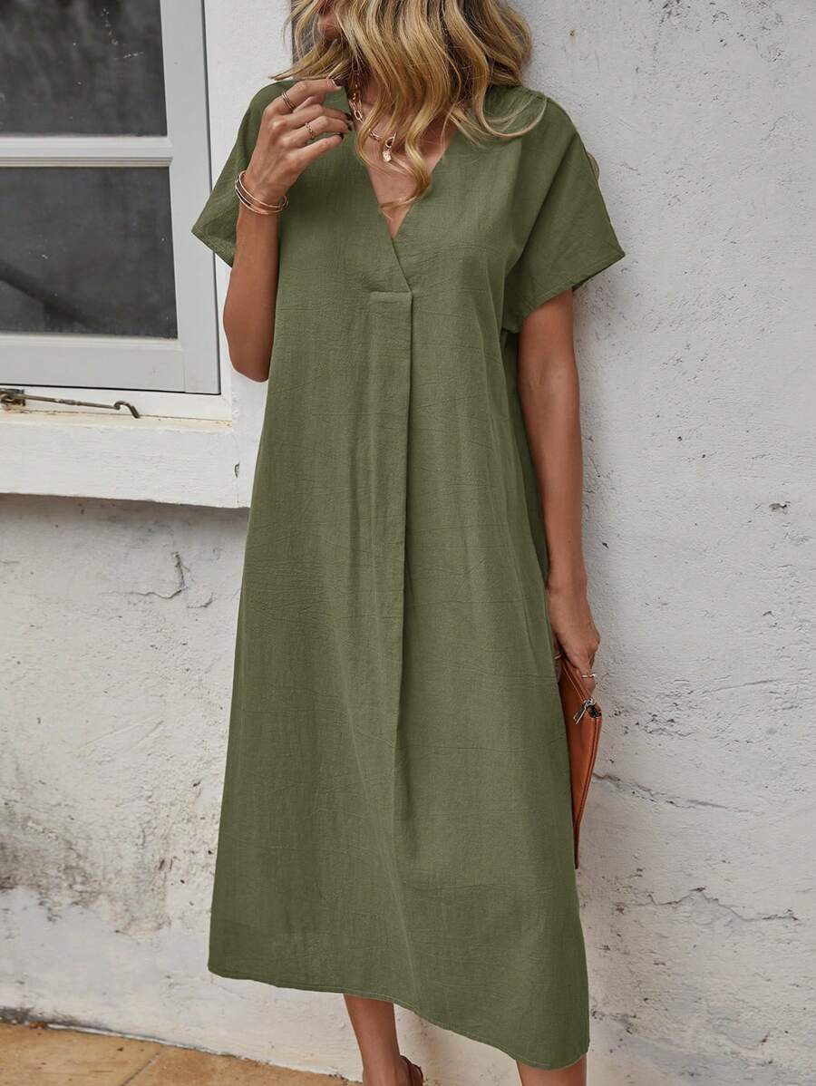 SHEIN LUNE 素色蝙蝠袖直筒洋裝 - 綠色 - 查看 1