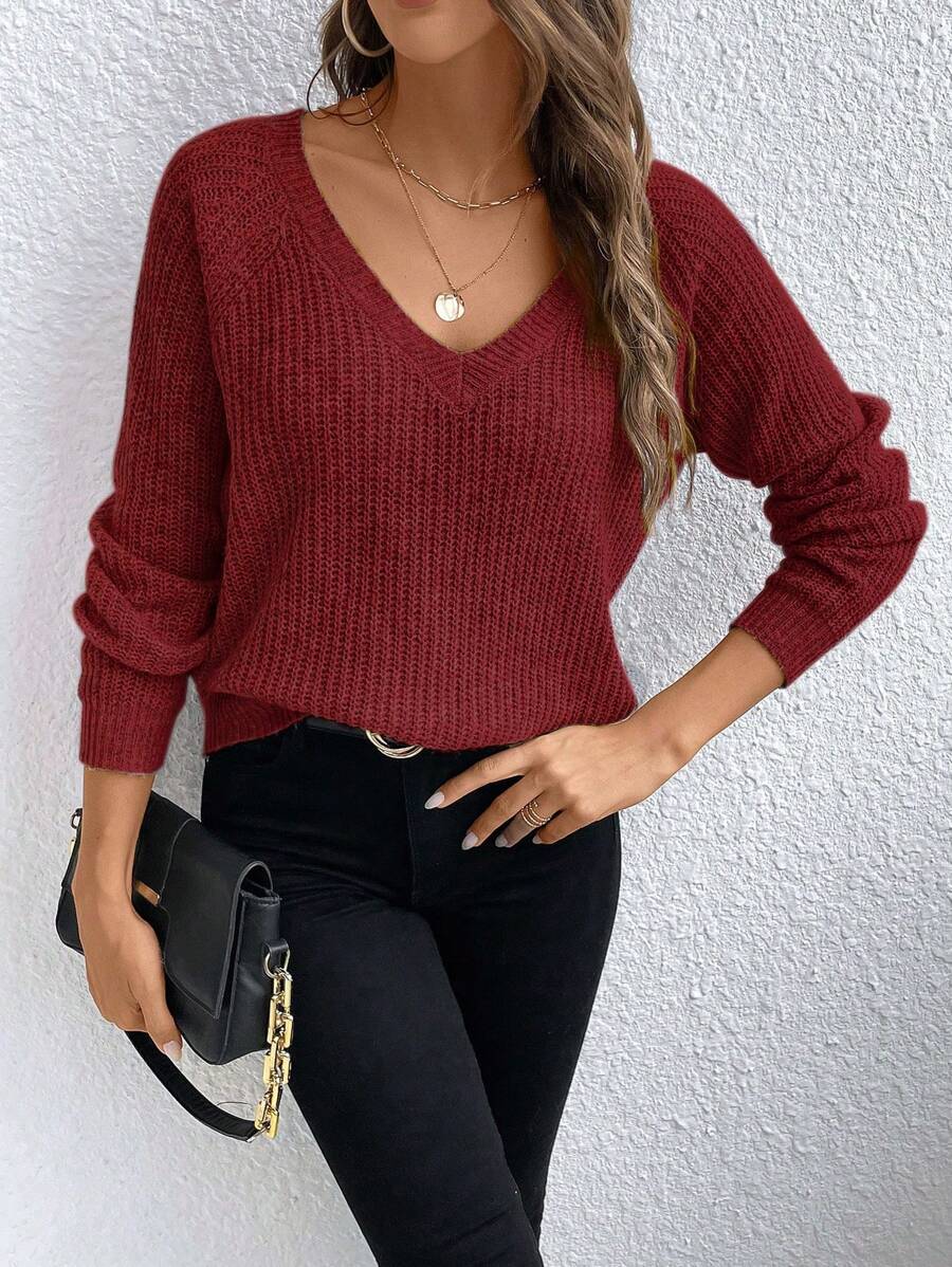 SHEIN LUNE Solid Raglan Sleeve Ribbed Knit Sweater,Long Sleeve Tops Knit Pullover Fall Winter Outfit