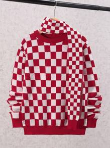 SHEIN 男大童棋盤格圖案高領套頭毛衣 - 彩色 - 查看 1