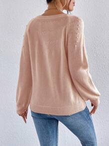 SHEIN Essnce Jersey con cuenta de perla de manga raglán - Caqui - Ver 2