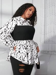 SHEIN CURVE+ 加大碼印花寬鬆襯衫,褶邊下擺 - 彩色 - 查看 4