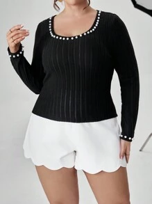 SHEIN Privé Hơn Ngọc trai đính cườm Scoop Cổ Áo thun - màu đen - Xem 5