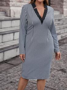 SHEIN Clasi Plus Houndstooth Print Contrast Trim Dress Without Belt - Black and White - View 5