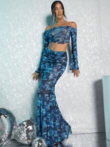 SHEIN BAE Allover Print Mermaid Hem Mesh Skirt - Multicolor - View 4