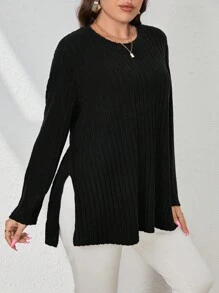 SHEIN Essnce 大碼下擺開叉條紋針織T恤 - 黑色 - 查看 1