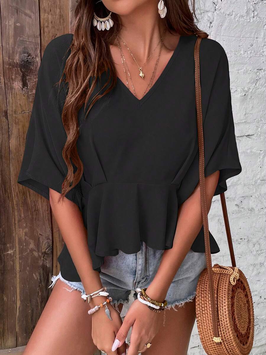 SHEIN LUNE Solid Batwing Sleeve Peplum Blouse - Black - View 1
