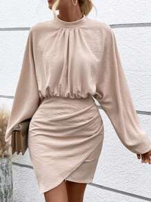 SHEIN Privé Mock Neck Batwing Sleeve Ruched Wrap Hem Dress - Khaki - View 3