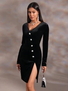 Aveloria Vestido con botón delantero de muslo con abertura de terciopelo