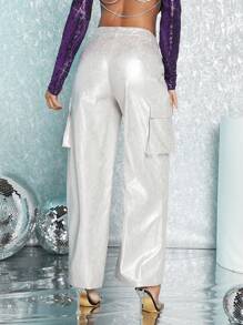 SHEIN BAE Flap Pocket Side Wide Leg Cargo Pants - Silver - View 2