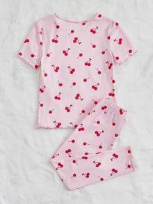 SHEIN Young Girl Knitted Cherry Pattern Top And Pants PJ Set - Pink - View 2