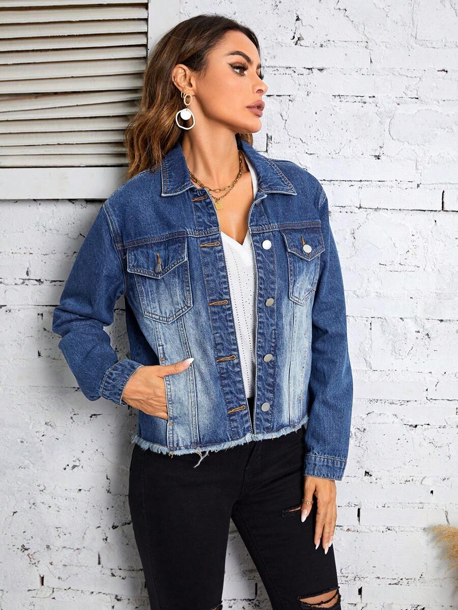 SHEIN LUNE Giacca in denim tasca con patta bordo grezzo - Blu lavato medio - Visualizzare 1