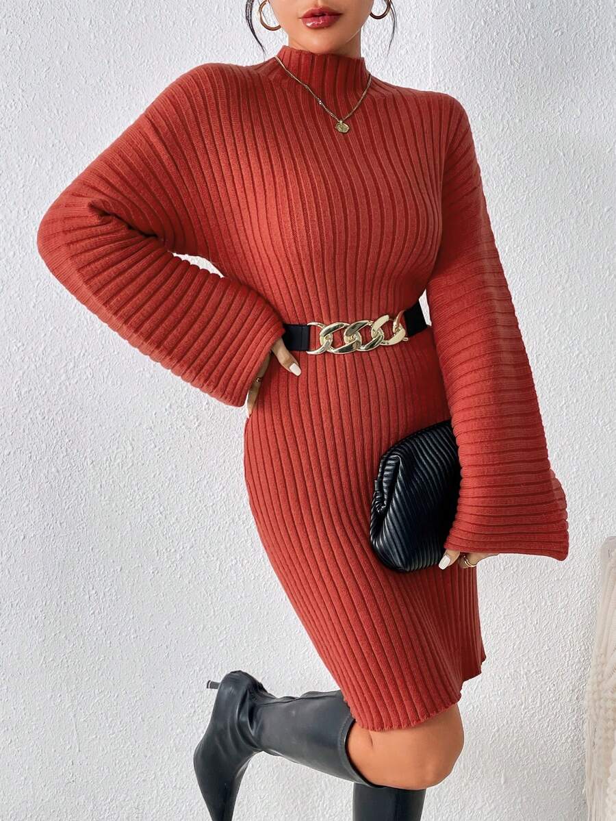 SHEIN Essnce 小高領落肩袖毛衣洋裝不附腰帶 - 棕色 - 查看 1