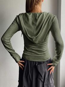 DAZY 拉鏈開襟抽繩連帽衫 - 橄欖綠 - 查看 2