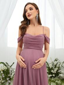 Faeriesty Dressalisa Sophisticated Off-Shoulder Backless Babyshower Dresses With Adjustable Back Ties & Flowing A-Line Silhouette – Perfect For Baby Showers, Formal Events, Wedding Receptions, Gala Dinners, And Maternity Photoshoots