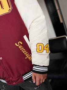 Aesthetic Post--Loose Fit Men's Slogan Graphic Colorblock Varsity Jacket With Striped Trim For Winter - Red - View 7