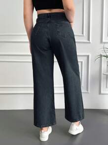 SHEIN Cottnline Plus Size Women's Solid Color Straight Leg Jeans - Dark Grey - View 2