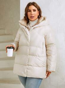 HaiLuoZi Plus Zip Up Snap Button Hooded Down Coat - Beige - View 1