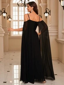 Cold Shoulder Contrast Sequin Prom Dress - Black - View 2