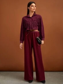 SHEIN Tall Fringe Trim Crop Jacket - Burgundy - View 5