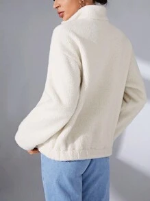 SHEIN Essnce Chất rắn Một nửa khóa kéo Teddy Áo nỉ - Màu be - Xem 2