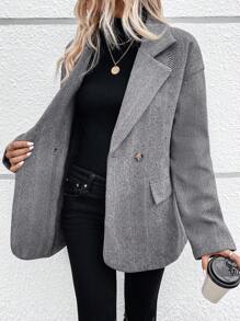 SHEIN LUNE 西裝領落肩袖雙排釦花呢外套 - 深灰色 - 查看 4