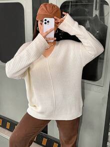 Flirla Talla grande Jersey de hombros caídos tejido de canalé - Albaricoque - Ver 6