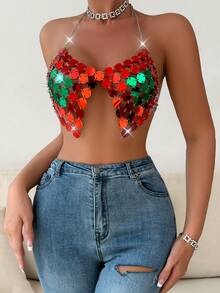 Allurite Top halter de espalda abierta con diseño de cadena crop de color metálico - Multicolor - Ver 5