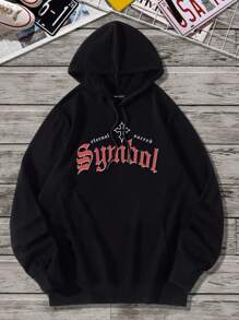 Manfinity LEGND Men Plus Letter Graphic Kangaroo Pocket Drawstring Hoodie