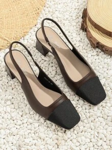 Xin Jing Shoes 女士新款简约方头套脚高跟鞋，时尚粗跟通勤鞋 - 咖啡棕 - 查看 5