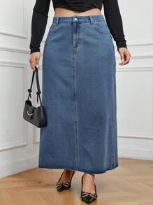 SHEIN LUNE 大碼斜口袋牛仔半身裙