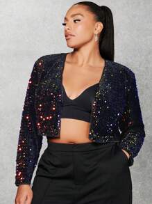 SHEIN BAE Áo khoác cỡ lớn đính sequin óng ánh, thích hợp cho tiệc đêm giao thừa. - màu đen - Xem 1