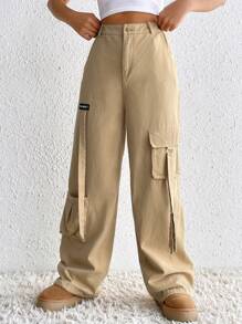 SHEIN EZwear 字母補丁細節側翻蓋口袋工裝褲 - 卡其色 - 查看 5