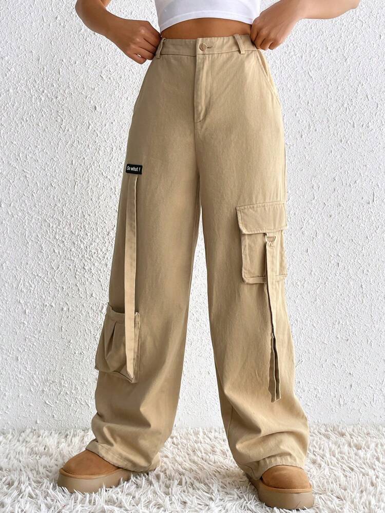 Letter Patched Detail Flap Pocket Side Cargo Pants