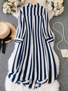 SHEIN LUNE Hơn In sọc Vá Túi Váy sơ mi - Xanh và trắng - Xem 2