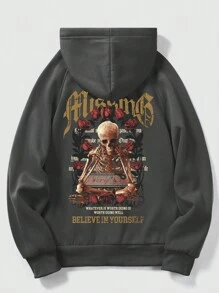 ROMWE MEN Goth Men Skeleton & Slogan Graphic Raglan Sleeve Drawstring Thermal Hoodie - Dark Grey - View 1