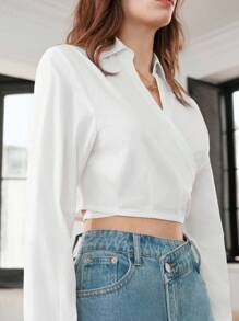 Surplice cổ Áo sơ mi Crop - Màu be - Xem 3
