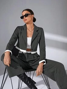 SHEIN Essnce Cổ áo Crop Blazer & Quần ống rộng - Màu xám đen - Xem 4