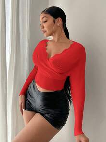 SHEIN SXY Surplice cổ Cắt vỏ sò tay cánh Áo len Crop - Đỏ - Xem 3