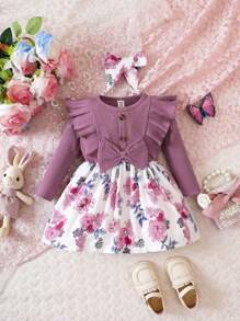 Baby Girls' Ruffle Trimmed Bowknot & Flower Printed Dress - White - View 1