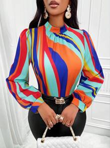 SHEIN Slayr 撞色小高領燈籠袖襯衫 - 寶藍色 - 查看 6