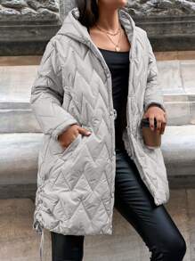 EURMUSE Slant Pocket Drawstring Side Hooded Quilted Coat