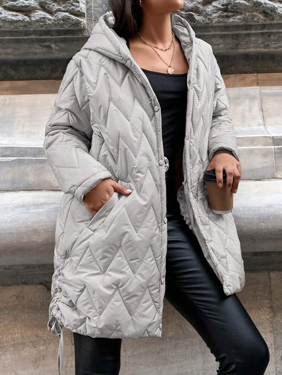 EURMUSE Slant Pocket Drawstring Side Hooded Quilted Coat
