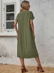 SHEIN LUNE 素色蝙蝠袖直筒洋裝 - 綠色 - 查看 2