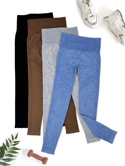 SHEIN Yoga Basic 4入組無縫高彈力寬腰帶運動打底褲